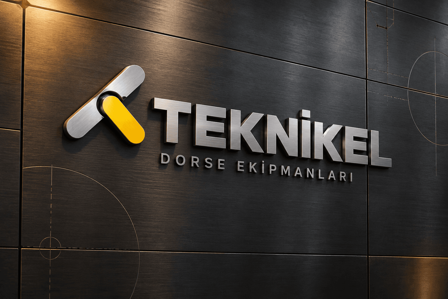 Koyu işlenmiş metal duvar üzerinde Teknikel logosu ve firma adı